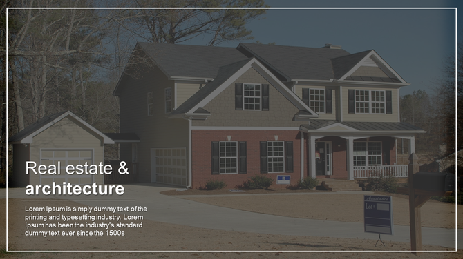PowerPoint slide with an image of a residential property, showcasing real estate and architecture.