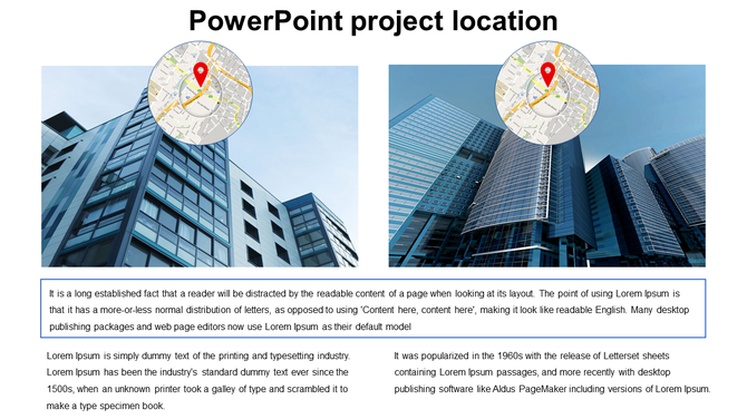 Project location PPT template with images of modern buildings and a map pin highlighting a location.