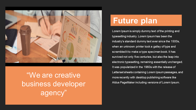 Project plan PowerPoint slide with a laptop displaying charts, a coffee cup, and a quote about business development.
