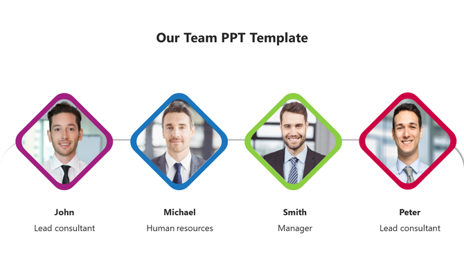 Slide with four team member photos framed in purple, blue, green and red diamond shapes, each labeled with their role.