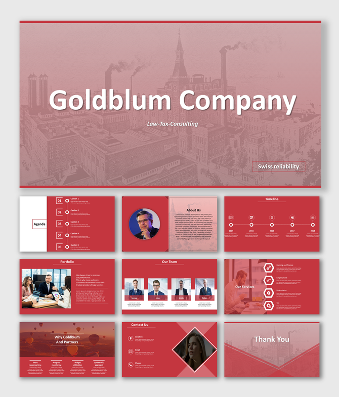 Goldblum Company template featuring a cityscape cover, structured content slides, and a accented business consulting theme.