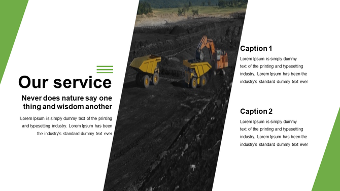 Split layout with text, central coal mining background, and two captions stacked vertically on right, with green accents.