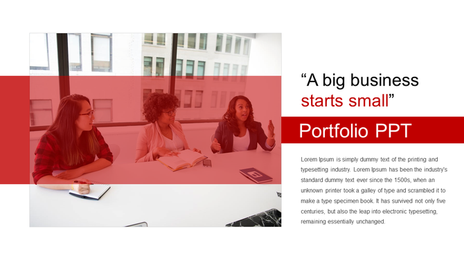 Business slide featuring three women in a discussion at a modern office table, with a red overlay and bold text on the right.
