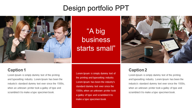 Business strategy slide with team discussions, a red motivational quote box and two text sections for additional details.