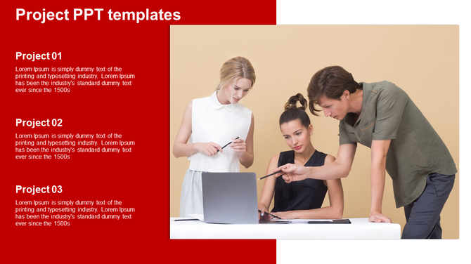 Project presentation slide with three people discussing and working together at a table overlaid with placeholder text.