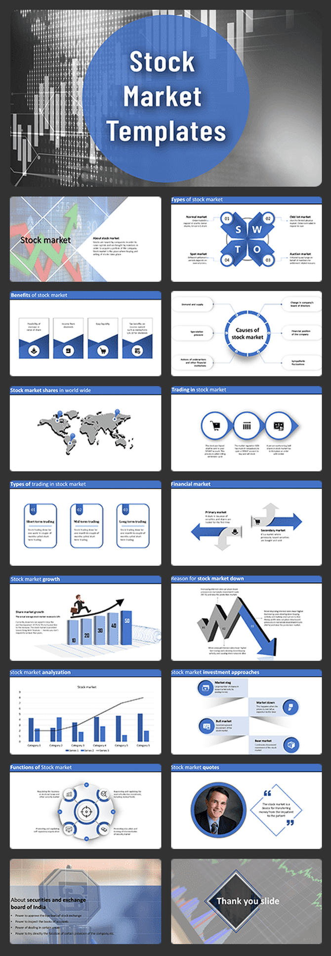 Stock market slide deck featuring diverse layouts with graphs, icons, and global trading illustrations.