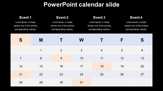 Calendar slide with event labels for each day, featuring pastel colors for weekdays, on a black background.