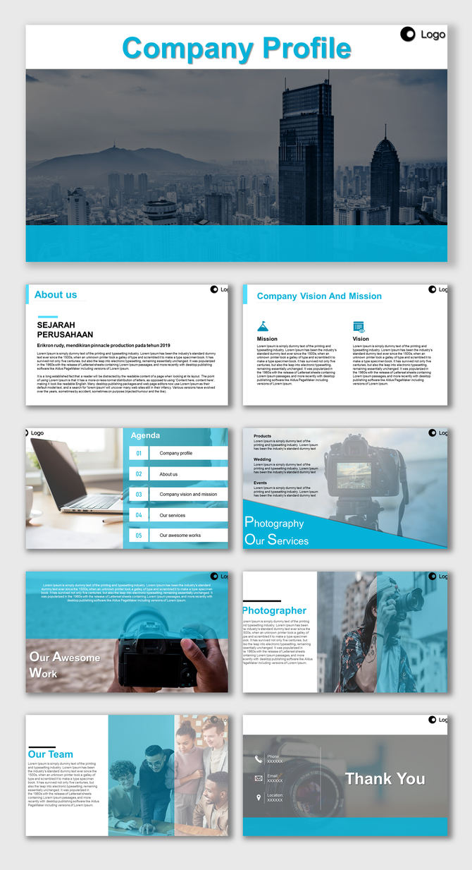 Company Profile PowerPoint showcasing various slides such as about us, company vision, and services.