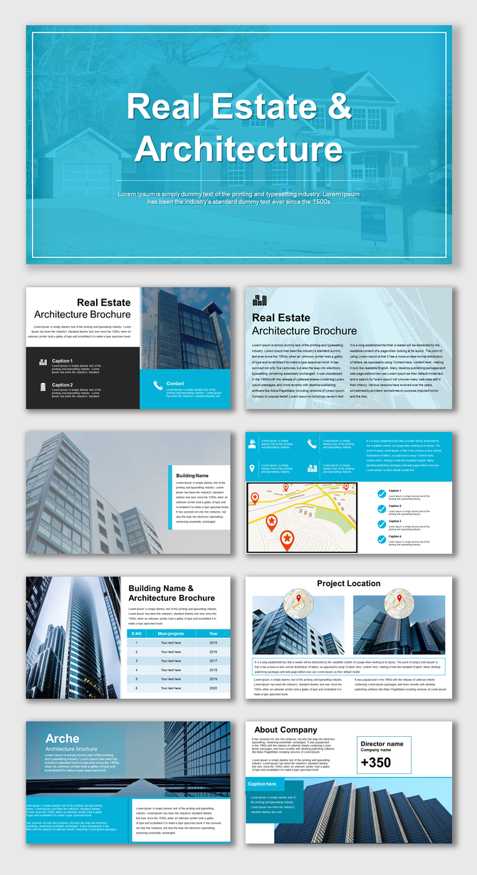 Real estate brochure slides with blue design, showcasing images, location maps, company details, and architecture data.