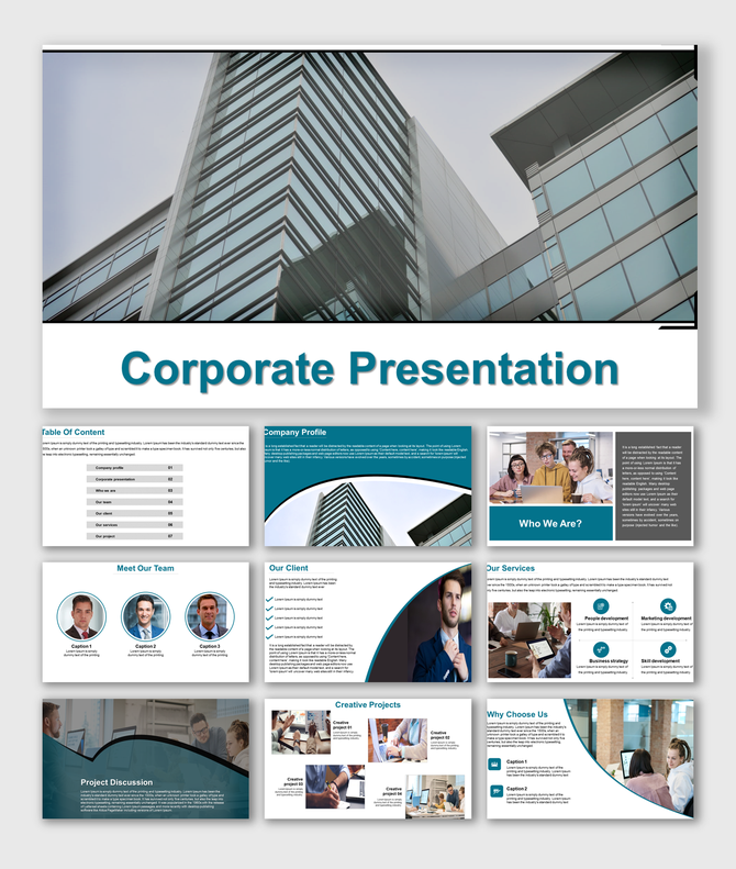 Corporate PowerPoint slides with sections on the company profile, team introduction, services, and creative projects.