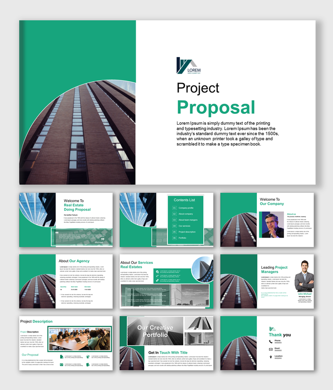Slide deck featuring structured layouts, modern building visuals, and green highlights for business and project proposals.