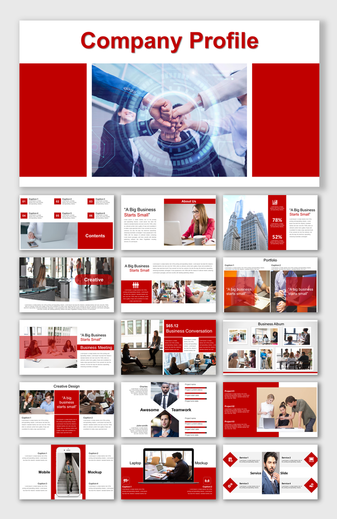 Pack of slides in red and white layout with images and text for a company profile, featuring overview, team, and services.