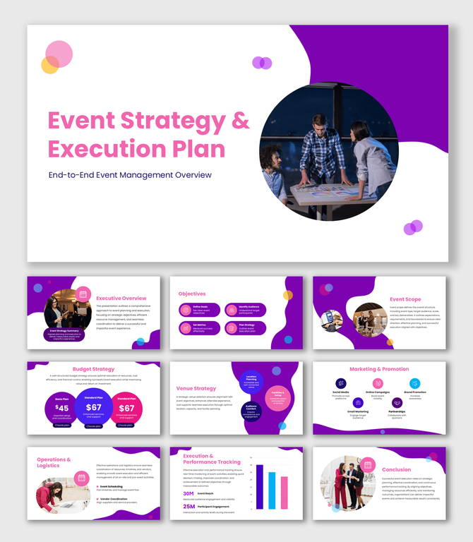 Event PPT Template with purple gradient shapes, circular images, icons, charts, and clean text placeholders layout.