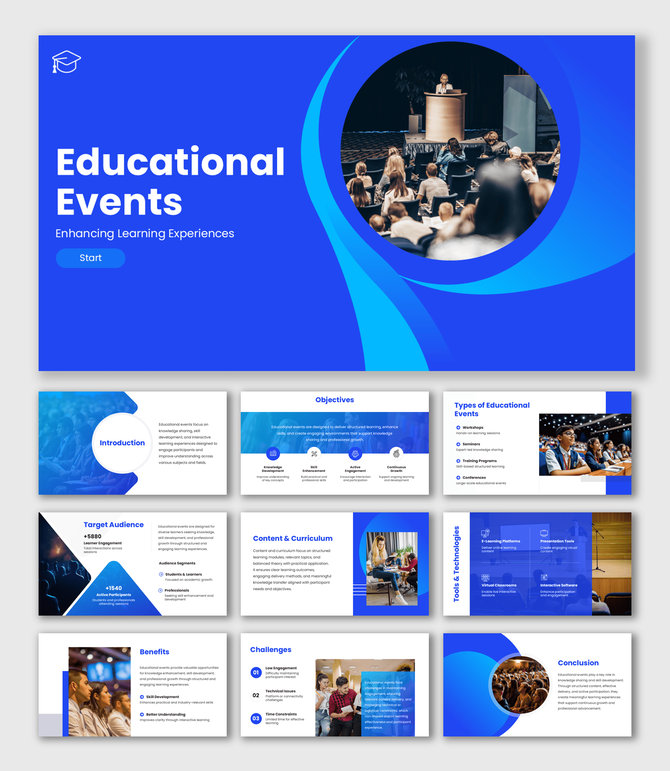 Event PPT Template featuring blue gradients, event audience photos, infographics, shapes, and editable text sections.
