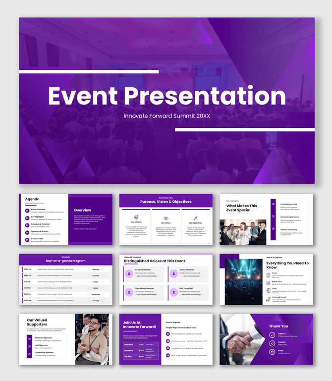 Event PPT Template with purple overlay, audience photo, agenda slides, icons, text placeholders, and clean layout.
