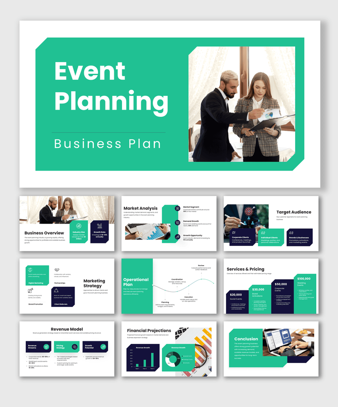Event Planning Business Plan PowerPoint covering market analysis, strategy, operations, pricing, and financial projections.