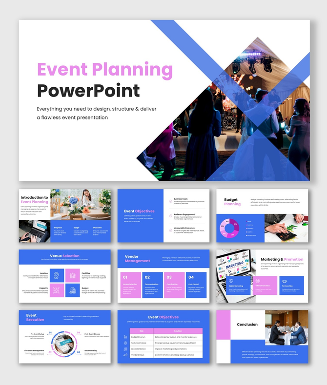 Event planning PPT with blue and pink theme, visuals, charts, and structured slides for clear event strategy presentation.