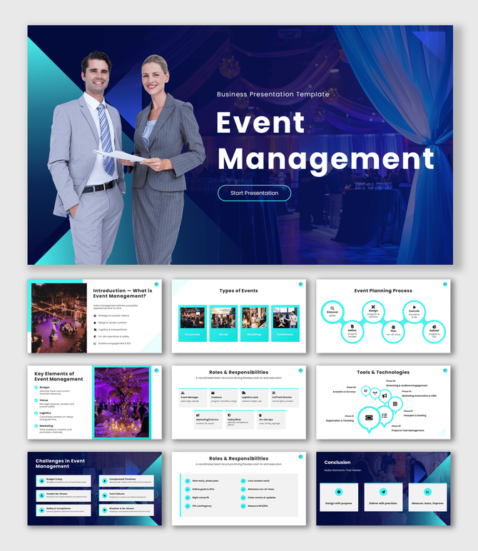 Event Management PPT Template with blue theme, corporate presenters image, icons, shapes and clean event planning slides.