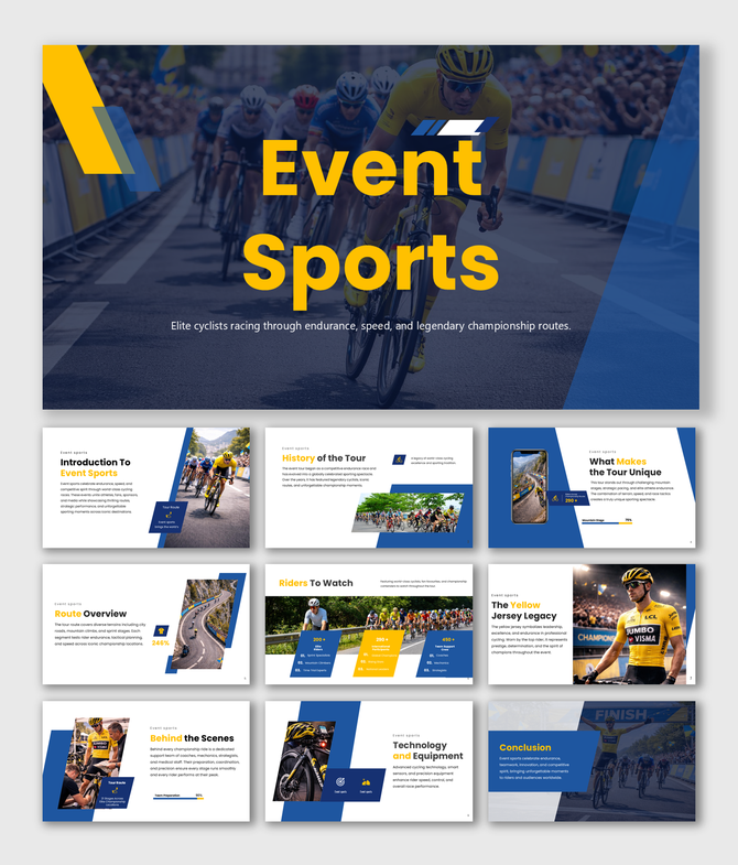 Event sports presentation template featuring race routes, key riders, technology insights, and championship highlights.
