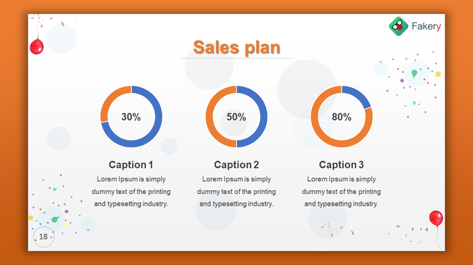Sales plan slide with three circular progress charts showing 30%, 50%, and 80%, with captions and a orange design.