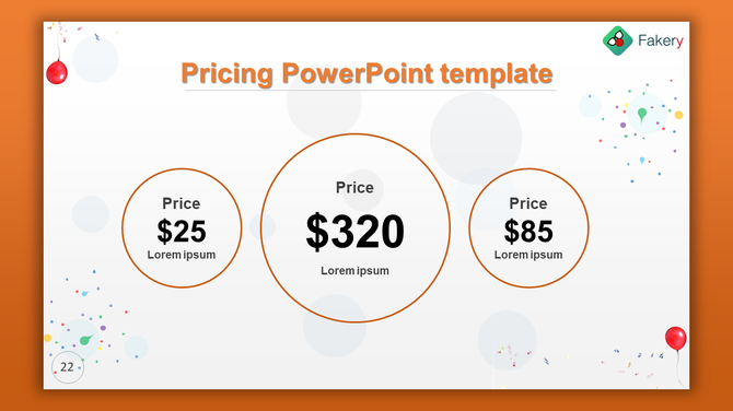 Business pricing slide featuring three circular price points in orange, with the central price emphasized.