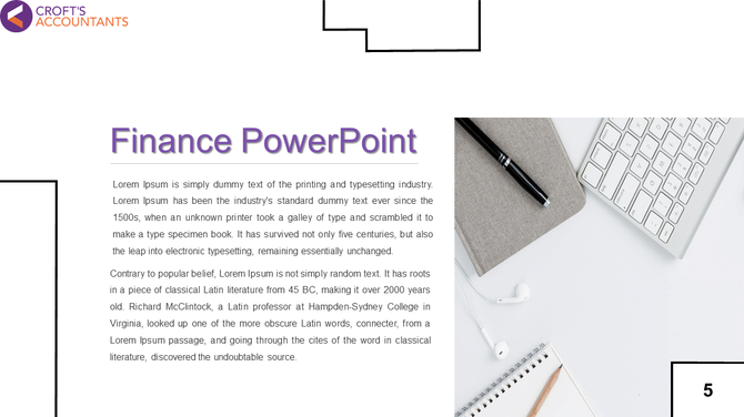 Finance slide with a white and purple theme, featuring a workspace setup with a keyboard, notebook, and pen.