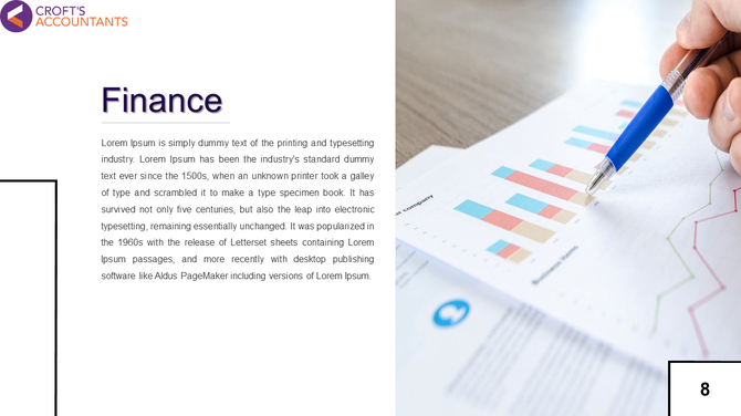 Financial presentation slide with a left text section and a right-side image of a hand pointing at a financial report.