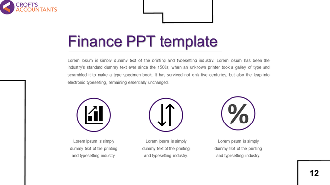 Finance slide with three circular icons representing a bar chart, up-down arrows, and a percentage symbol.