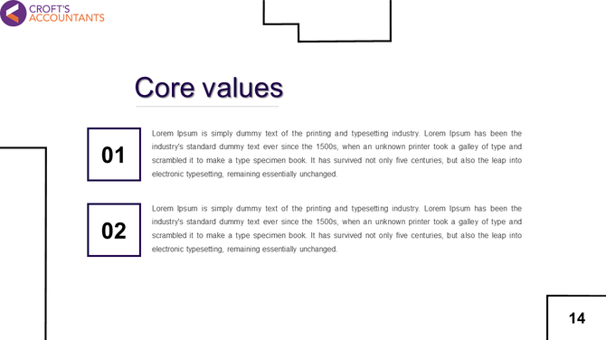 Professional slide showcasing core values with two numbered sections and placeholder text about the printing industry.
