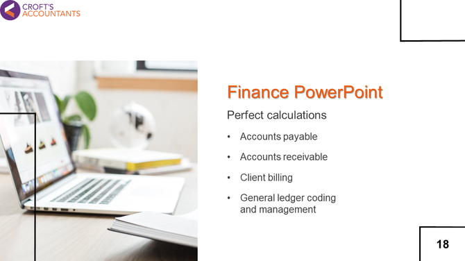 Finance template featuring a blurred image of a laptop with orange highlighted title and bullet points below.
