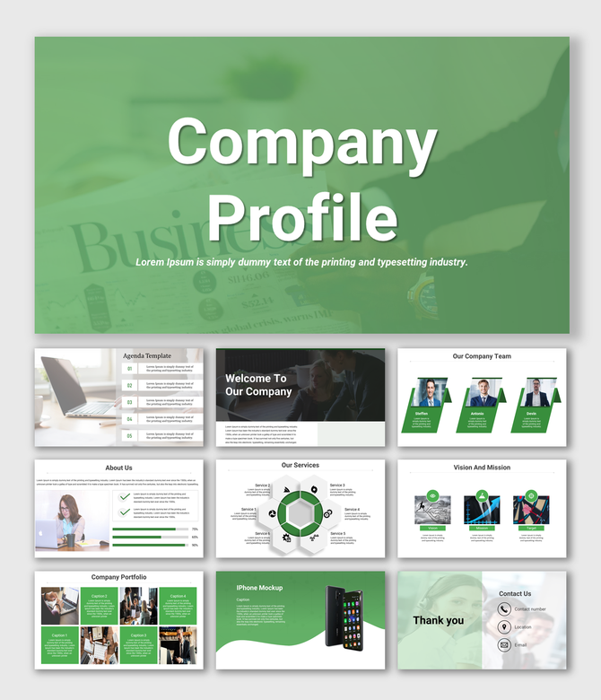 Company Profile slide with a green overlay on a business newspaper background and white bold title text.