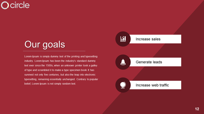 Our goals slide with a red and white color scheme, displaying three business objectives with related icons.