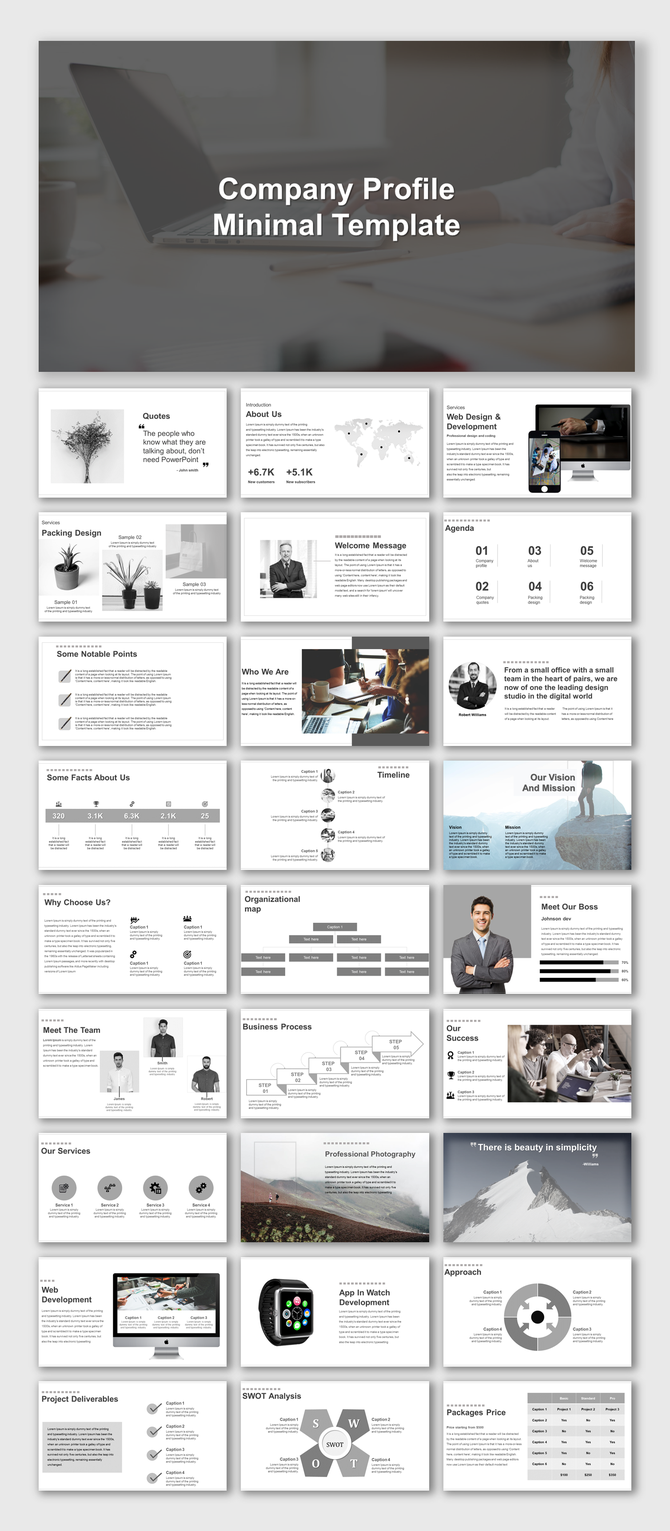 Company template with a grayscale theme, displaying key section such as business process, success metrics, and pricing plans.