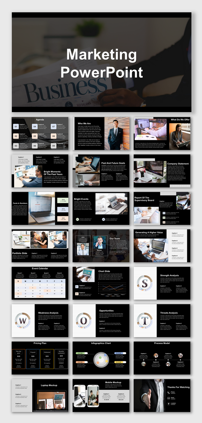 A collection of marketing PowerPoint with various slides on team, analysis, charts, and mockups on a dark backdrop.