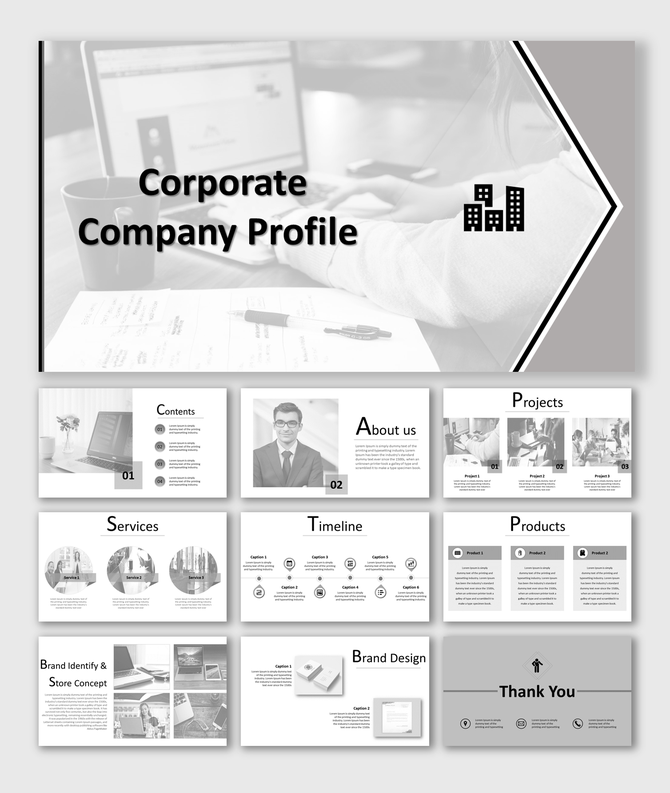 A professional corporate company profile PowerPoint with slides for contents, services, projects, and brand design.