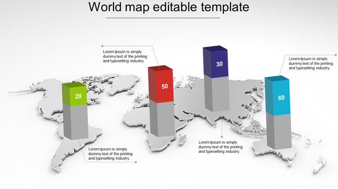 World map template with four 3D bars in different colors, each labeled with numerical values and callout text.