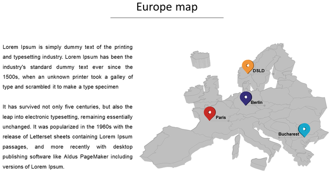 Europe map slide with labeled pins marking cities like Paris, Berlin, DSLD, and Bucharest, accompanied by descriptive text.
