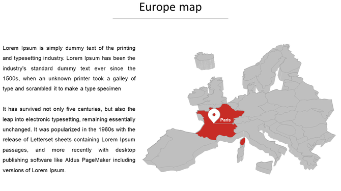 Gray Europe map with a red highlighted France, marking Paris with a location pin and placeholder text on the left.