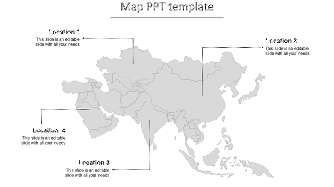 Asia map template with four labeled locations connected by dotted lines to text placeholders.