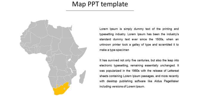Gray Africa map with South Africa highlighted in yellow, accompanied by placeholder text on the right side.