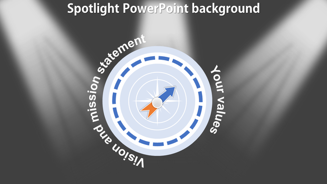 Business concept slide with a compass, directional arrows, and spotlight effects emphasizing vision, mission, and values.