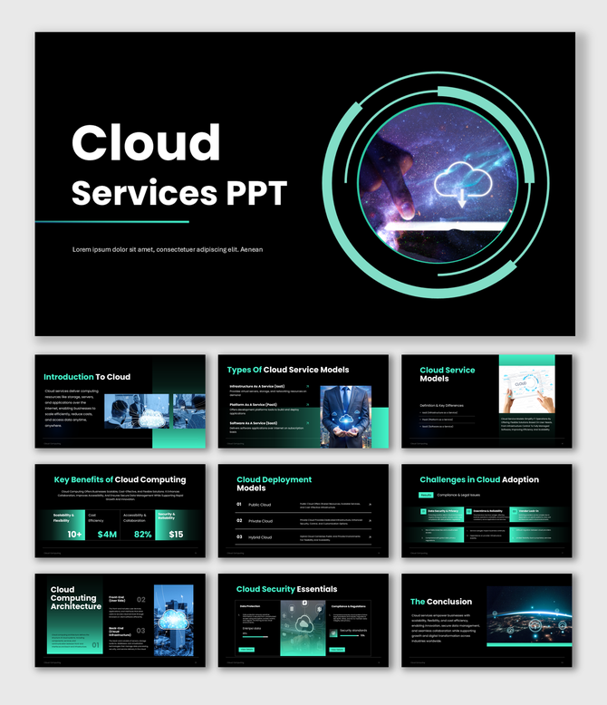 The Cloud Services PPT dark theme, teal circles, chip image, text holders, icons, modern shapes layout.