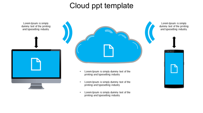 Blue themed slide with illustration of cloud computing showing data flow between a cloud, a computer, and a smartphone.