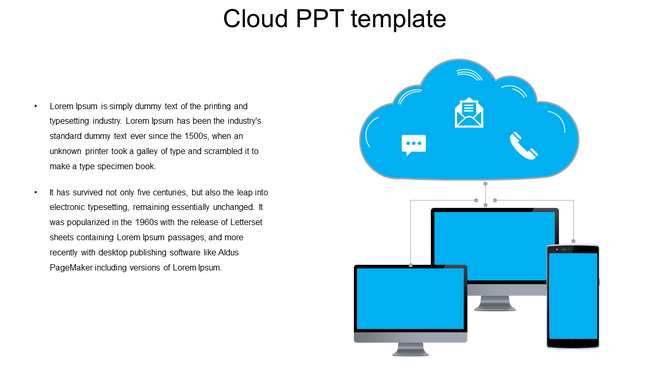 Template with a blue cloud icon and communication symbols, connected to computers and mobile devices.