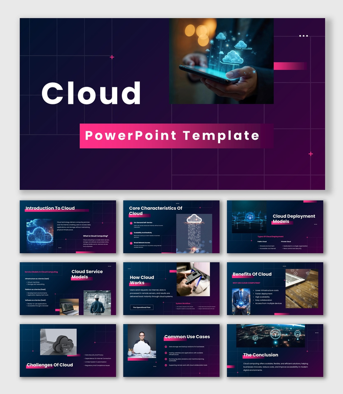 Get this Cloud PowerPoint Template dark blue purple slides, cloud image, text boxes, icons, modern shapes.