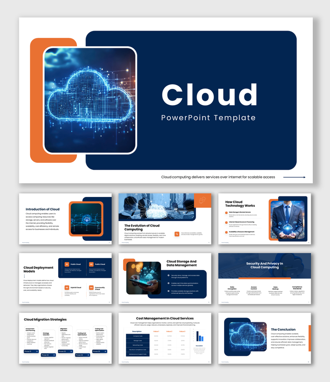 Use this Cloud PowerPoint Template blue theme, cloud image, text boxes, rounded shapes, data slides layout.