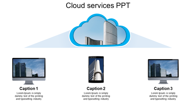 Cloud services PPT slide showing a cloud with an image of a building, connected to desktop and mobile devices with captions.
