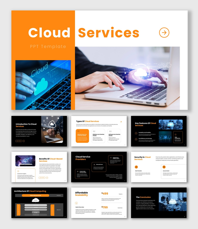 Cloud Services PPT with orange theme, laptop cloud image, clean text holders and modern shapes layout.
