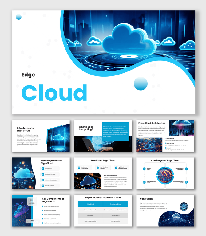 Cloud PPT Template edge cloud computing network graphic with blue curved shapes on clean white presentation layout.