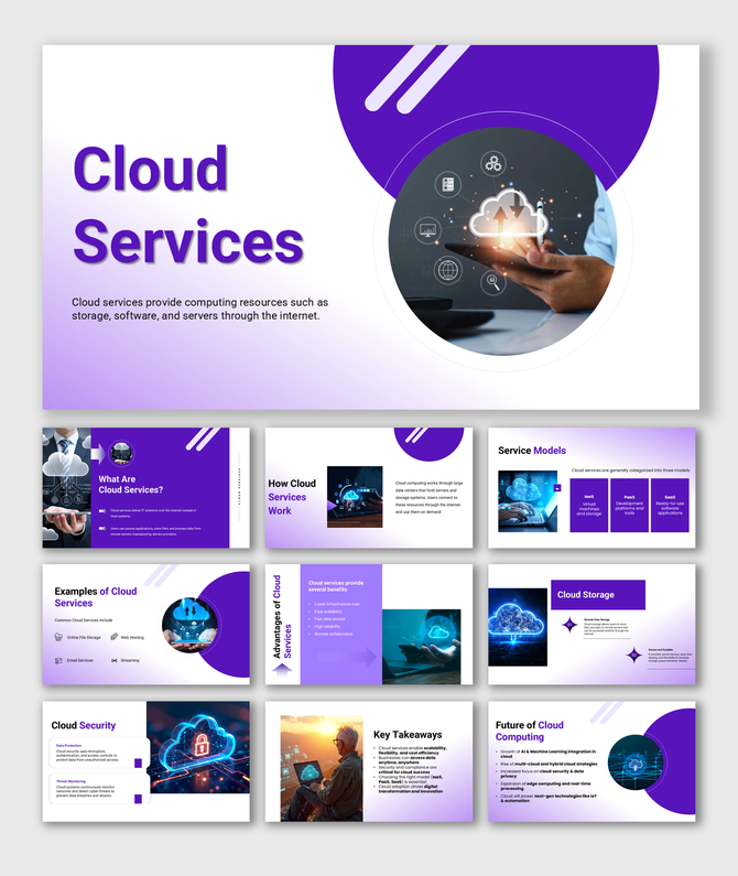 Cloud Services PPT covering concepts, service models, benefits, security, and future trends in cloud computing.